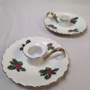 Lefton Porcelain Candlestick Holders Boughs of Holly Christmas Lot of 2 Vintage